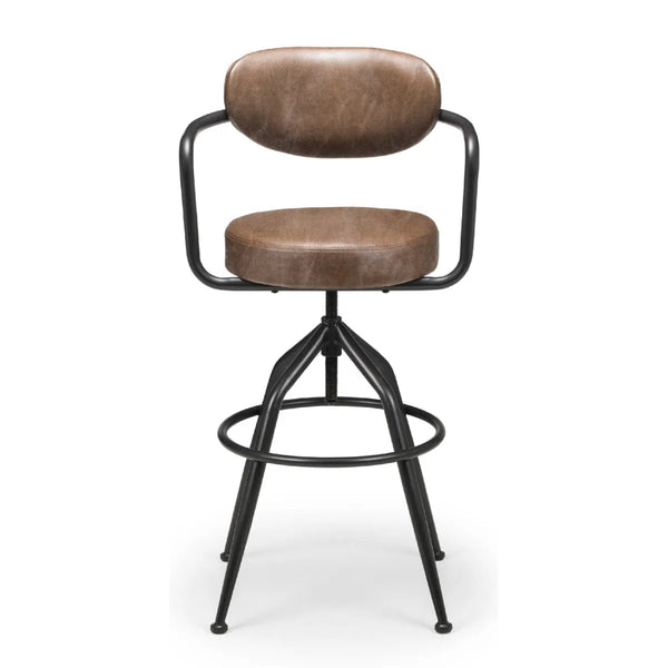 Julian Bowen Barbican Industrial Adjustable Faux Leather Barstool – Brown & Black Metal Swivel Kitchen Counter Stool