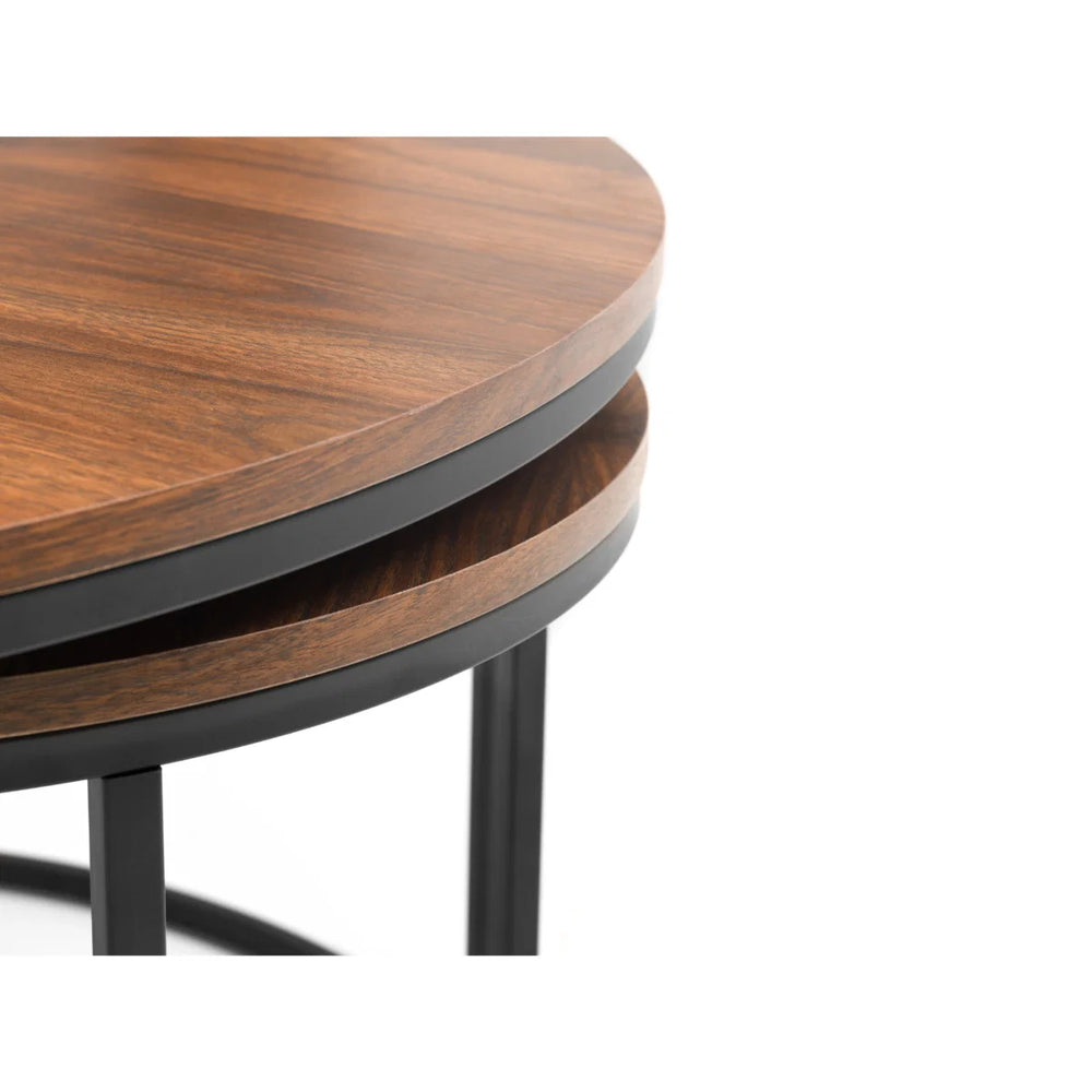 Julian Bowen Bellini Round Nesting Coffee Table Set of 2 – Walnut Effect Tops with Black Metal Frame – Industrial Living Room Tables