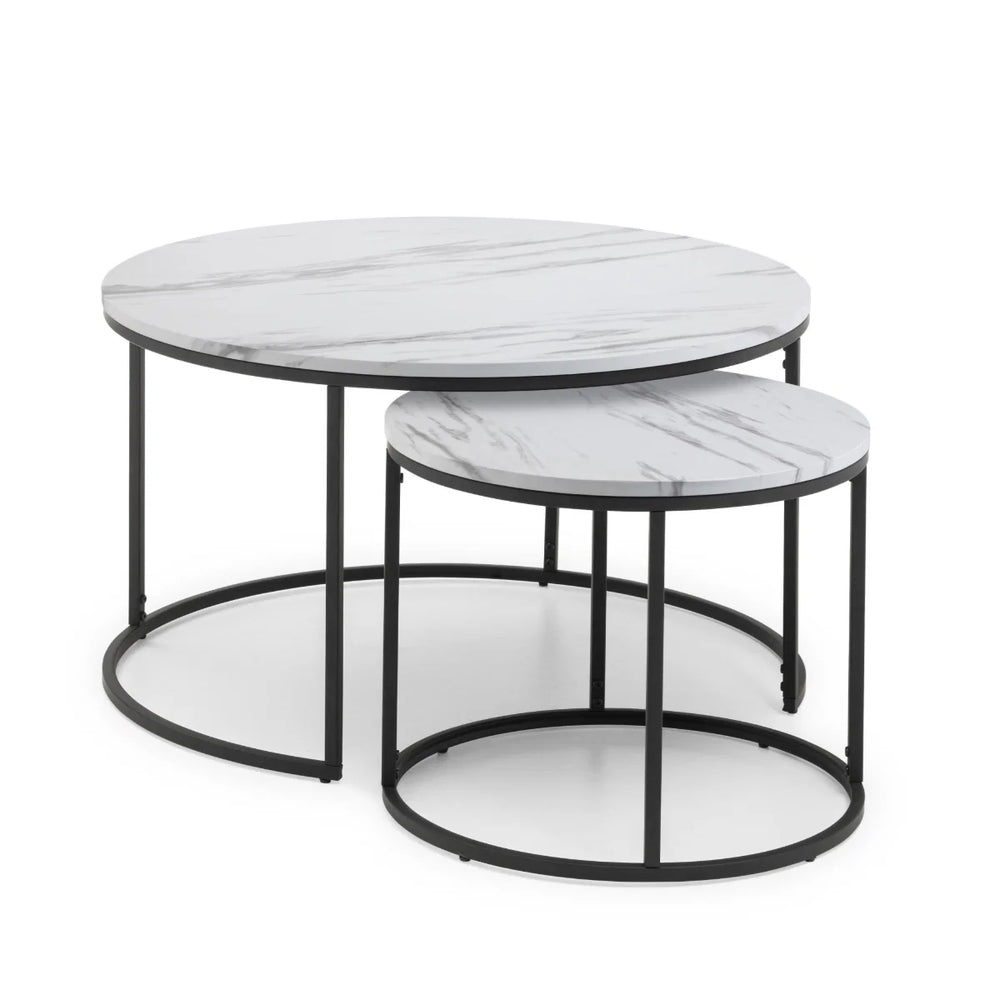 Julian Bowen Bellini Round Nesting Coffee Table Set of 2 – White Marble Effect Tops with Black Metal Frame | Modern Space-Saving Living Room Tables
