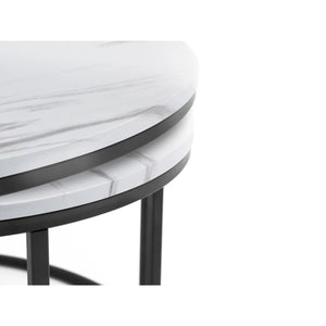 Julian Bowen Bellini Round Nesting Coffee Table Set of 2 – White Marble Effect Tops with Black Metal Frame | Modern Space-Saving Living Room Tables