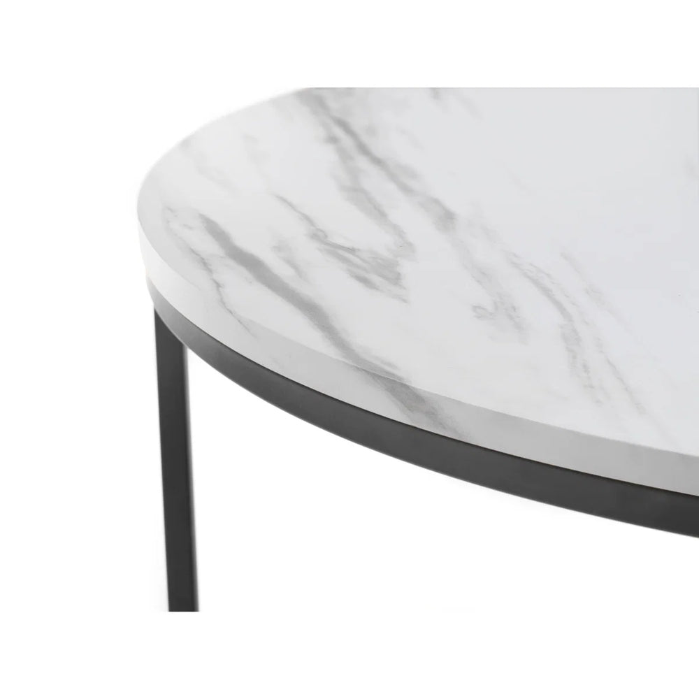 Julian Bowen Bellini Round Nesting Coffee Table Set of 2 – White Marble Effect Tops with Black Metal Frame | Modern Space-Saving Living Room Tables