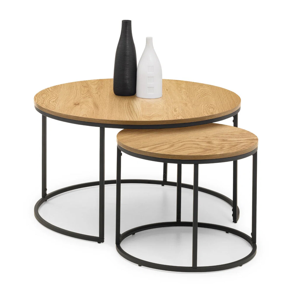 Julian Bowen Bellini Round Nesting Coffee Table Set of 2 – Oak Effect Top with Black Metal Frame | Industrial Space-Saving Living Room Tables