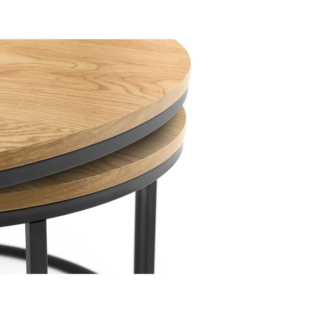 Julian Bowen Bellini Round Nesting Coffee Table Set of 2 – Oak Effect Top with Black Metal Frame | Industrial Space-Saving Living Room Tables