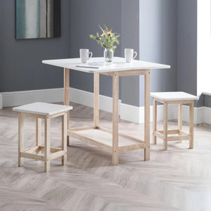 Julian Bowen Bergen Space Saving Folding Bar Table & 2 Stool Set – White & Natural Wooden Breakfast Dining Set