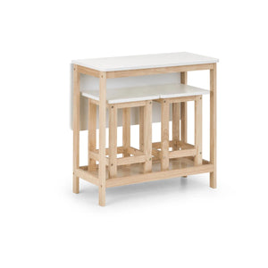 Julian Bowen Bergen Space Saving Folding Bar Table & 2 Stool Set – White & Natural Wooden Breakfast Dining Set