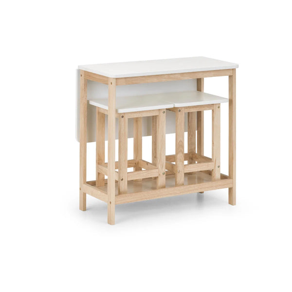 Julian Bowen Bergen Space Saving Folding Bar Table & 2 Stool Set – White & Natural Wooden Breakfast Dining Set