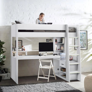 Blaze Gaming High Sleeper Bed Frame with Integrated Desk, Storage Drawers & Shelving – White