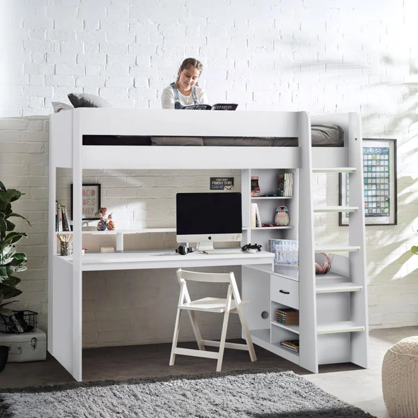 Blaze Gaming High Sleeper Bed Frame with Integrated Desk, Storage Drawers & Shelving – White