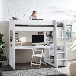 Blaze Gaming High Sleeper Bed Frame with Integrated Desk, Storage Drawers & Shelving – White