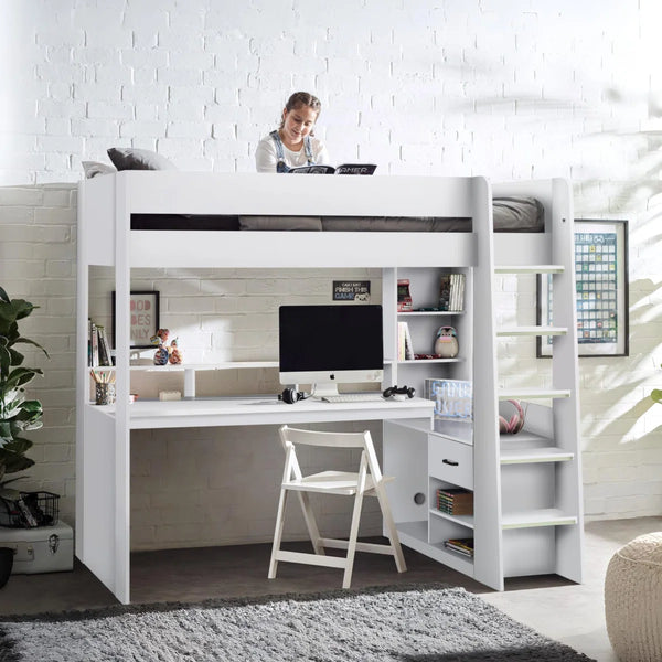 Blaze Gaming High Sleeper Bed Frame with Integrated Desk, Storage Drawers & Shelving – White