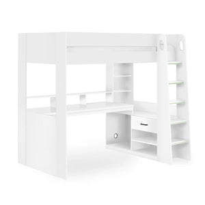 Blaze Gaming High Sleeper Bed Frame with Integrated Desk, Storage Drawers & Shelving – White