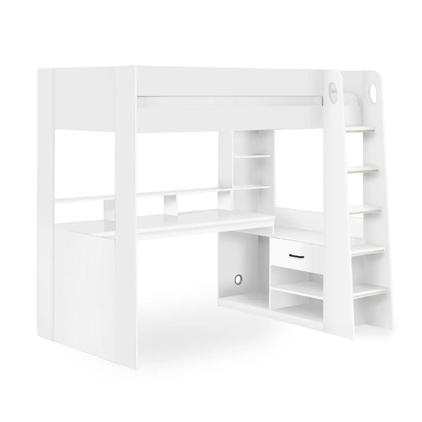 Blaze Gaming High Sleeper Bed Frame with Integrated Desk, Storage Drawers & Shelving – White