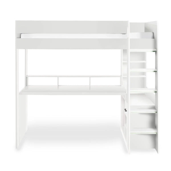 Blaze Gaming High Sleeper Bed Frame with Integrated Desk, Storage Drawers & Shelving – White