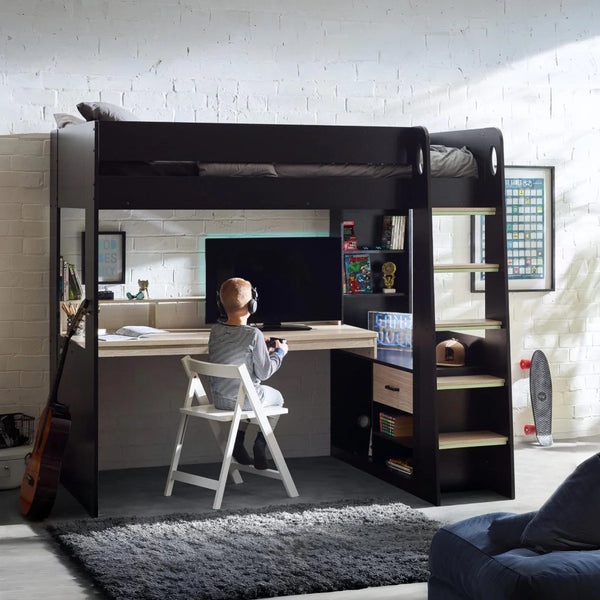 Julian Bowen Blaze Gaming High Sleeper Bed with Integrated Desk, Storage Shelving & Drawers – Black & Pale Woodgrain Finish