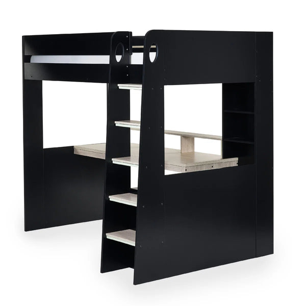 Julian Bowen Blaze Gaming High Sleeper Bed with Integrated Desk, Storage Shelving & Drawers – Black & Pale Woodgrain Finish