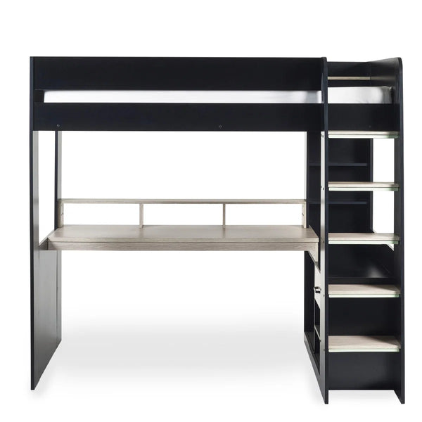 Julian Bowen Blaze Gaming High Sleeper Bed with Integrated Desk, Storage Shelving & Drawers – Black & Pale Woodgrain Finish