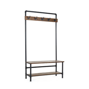 Julian Bowen Boston Industrial Hallway Stand with Storage Bench, Solid Elm Wood Seat, 5 Coat Hooks & Powder-Coated Steel Frame, Mocha Finish