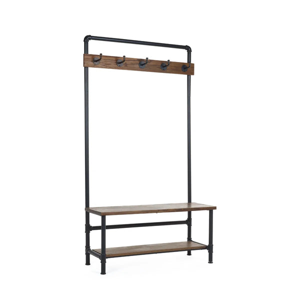 Julian Bowen Boston Industrial Hallway Stand with Storage Bench, Solid Elm Wood Seat, 5 Coat Hooks & Powder-Coated Steel Frame, Mocha Finish