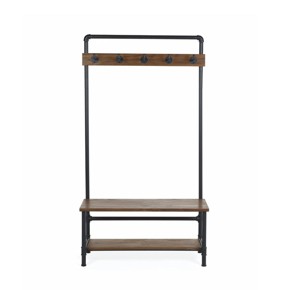 Julian Bowen Boston Industrial Hallway Stand with Storage Bench, Solid Elm Wood Seat, 5 Coat Hooks & Powder-Coated Steel Frame, Mocha Finish