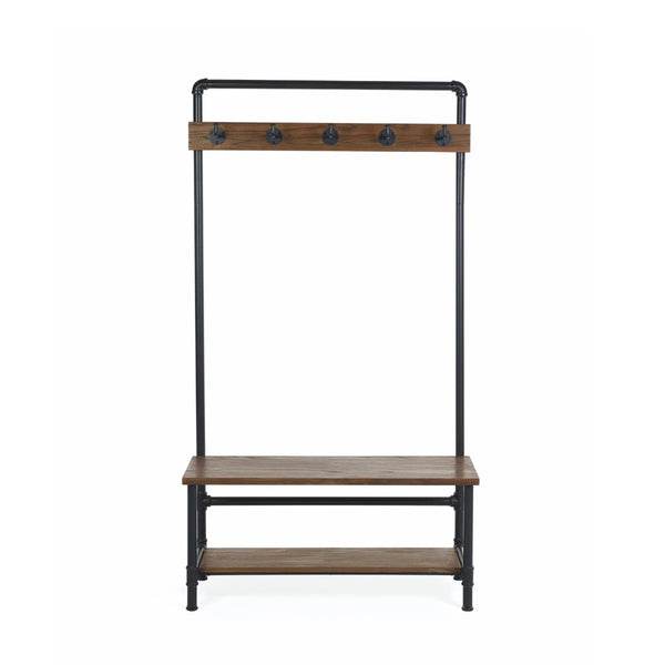 Julian Bowen Boston Industrial Hallway Stand with Storage Bench, Solid Elm Wood Seat, 5 Coat Hooks & Powder-Coated Steel Frame, Mocha Finish