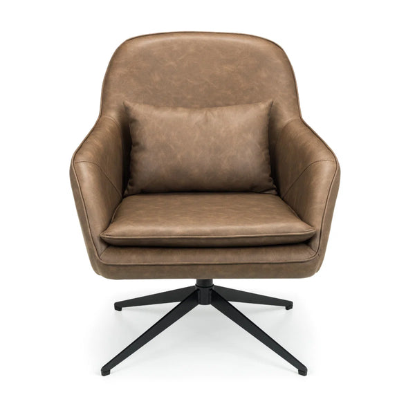 Julian Bowen Bowery 360° Swivel Accent Chair in Brown Faux Leather with Black Metal Base – Modern Industrial Lounge Chair