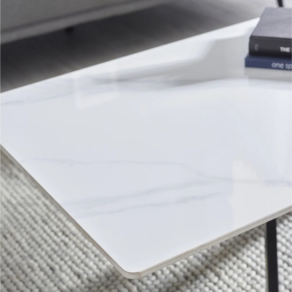 Julian Bowen Bradley Rectangular White Marble Effect Ceramic Top Coffee Table with Black Powder-Coated Steel Spider Legs – Modern Living Room Centre Table (110 x 60 x 45 cm)