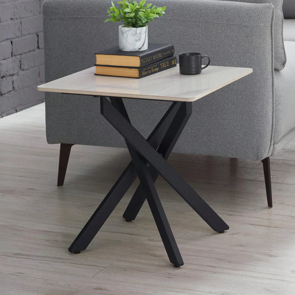 Julian Bowen Bradley White Marble Effect Ceramic Lamp Table with Black Steel Spider Legs – Modern Round Side Table for Living Room, Bedroom & Lounge