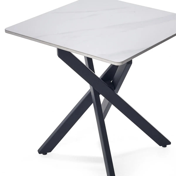 Julian Bowen Bradley White Marble Effect Ceramic Lamp Table with Black Steel Spider Legs – Modern Round Side Table for Living Room, Bedroom & Lounge