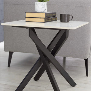Julian Bowen Bradley White Marble Effect Ceramic Lamp Table with Black Steel Spider Legs – Modern Round Side Table for Living Room, Bedroom & Lounge