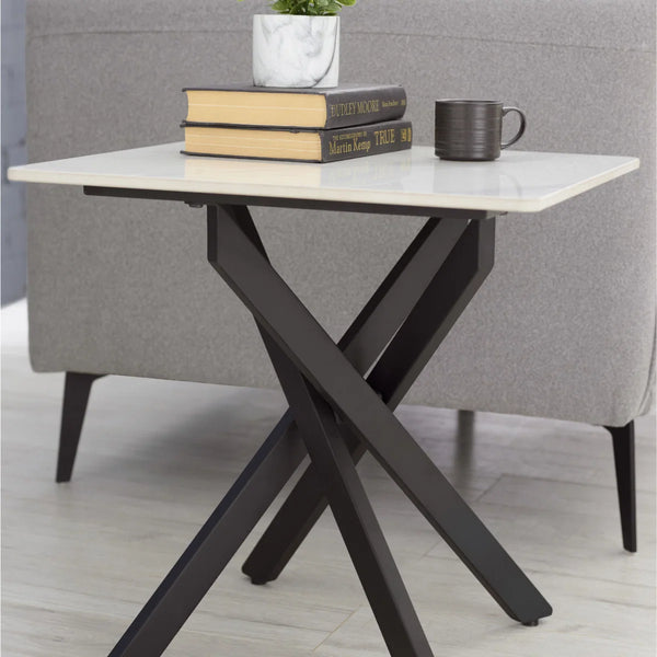 Julian Bowen Bradley White Marble Effect Ceramic Lamp Table with Black Steel Spider Legs – Modern Round Side Table for Living Room, Bedroom & Lounge