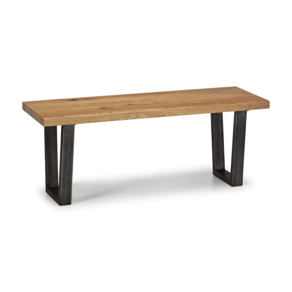 Julian Bowen Brooklyn Solid Oak 2 Seater Dining Bench with Industrial Metal Trapeze Legs – Rustic Wooden Kitchen & Dining Bench