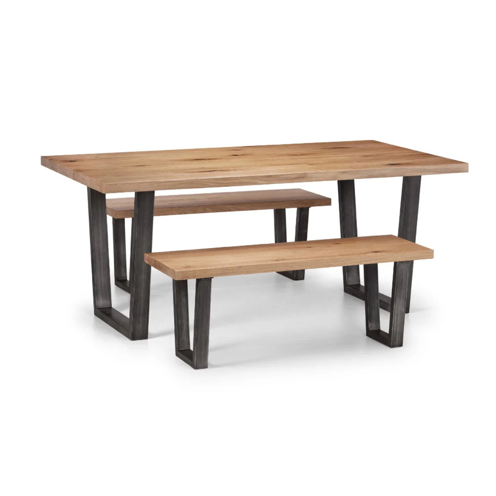 Julian Bowen Brooklyn Solid Oak 2 Seater Dining Bench with Industrial Metal Trapeze Legs – Rustic Wooden Kitchen & Dining Bench