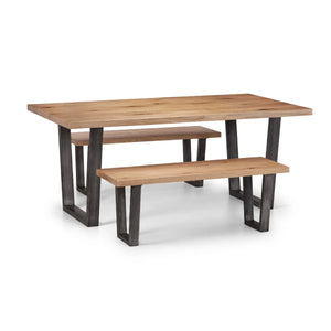 Julian Bowen Brooklyn Solid Oak 2 Seater Dining Bench with Industrial Metal Trapeze Legs – Rustic Wooden Kitchen & Dining Bench