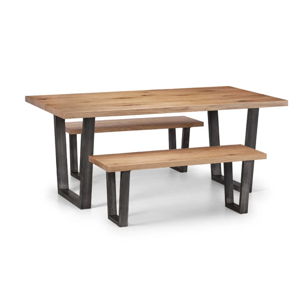 Julian Bowen Brooklyn Solid Oak 2 Seater Dining Bench with Industrial Metal Trapeze Legs – Rustic Wooden Kitchen & Dining Bench