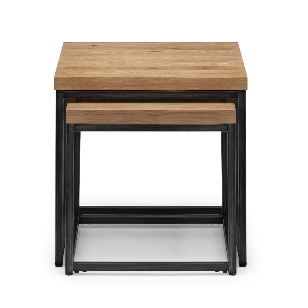 Julian Bowen Brooklyn Solid Oak Nesting Lamp Tables with Industrial Metal Legs – Rustic Space-Saving Side Table Set