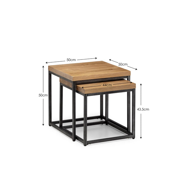 Julian Bowen Brooklyn Solid Oak Nesting Lamp Tables with Industrial Metal Legs – Rustic Space-Saving Side Table Set