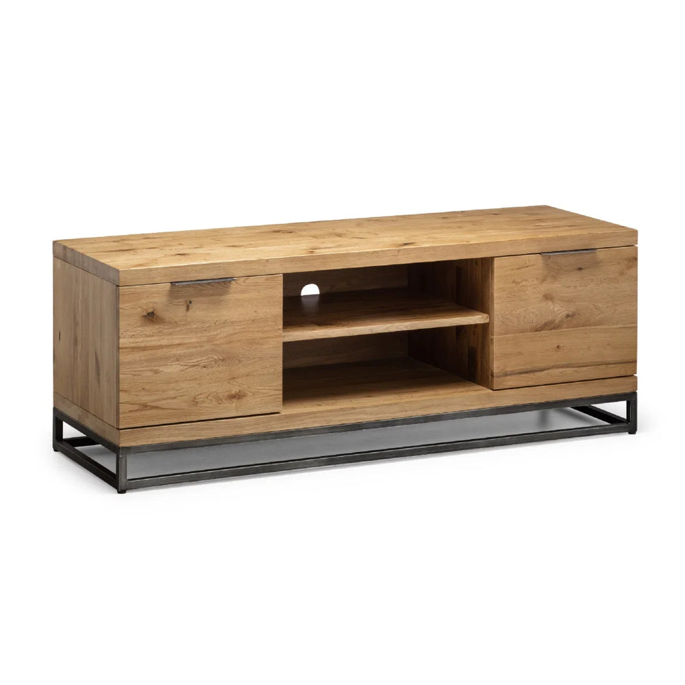 Julian Bowen Brooklyn Solid Oak Industrial TV Unit with 2 Cupboards & Open Media Shelf – Rustic Wooden Entertainment Stand with Metal Legs, 135 x 45 x 50 cm