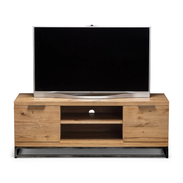 Julian Bowen Brooklyn Solid Oak Industrial TV Unit with 2 Cupboards & Open Media Shelf – Rustic Wooden Entertainment Stand with Metal Legs, 135 x 45 x 50 cm