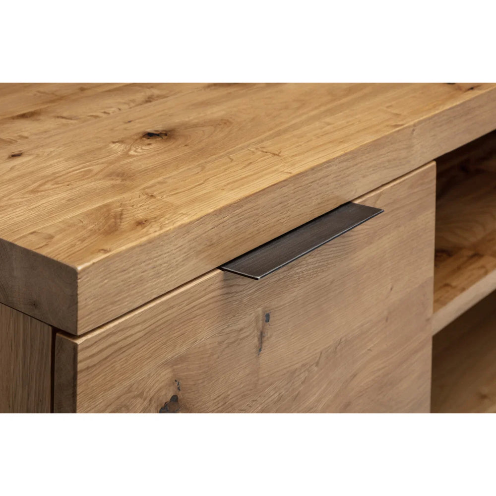 Julian Bowen Brooklyn Solid Oak Industrial TV Unit with 2 Cupboards & Open Media Shelf – Rustic Wooden Entertainment Stand with Metal Legs, 135 x 45 x 50 cm