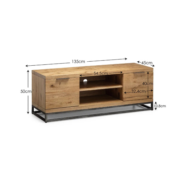 Julian Bowen Brooklyn Solid Oak Industrial TV Unit with 2 Cupboards & Open Media Shelf – Rustic Wooden Entertainment Stand with Metal Legs, 135 x 45 x 50 cm