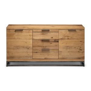 Julian Bowen Brooklyn Solid Oak Sideboard with 2 Cupboards, 3 Drawers & Industrial Metal Legs