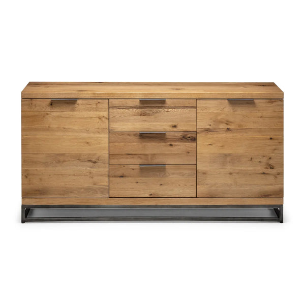 Julian Bowen Brooklyn Solid Oak Sideboard with 2 Cupboards, 3 Drawers & Industrial Metal Legs