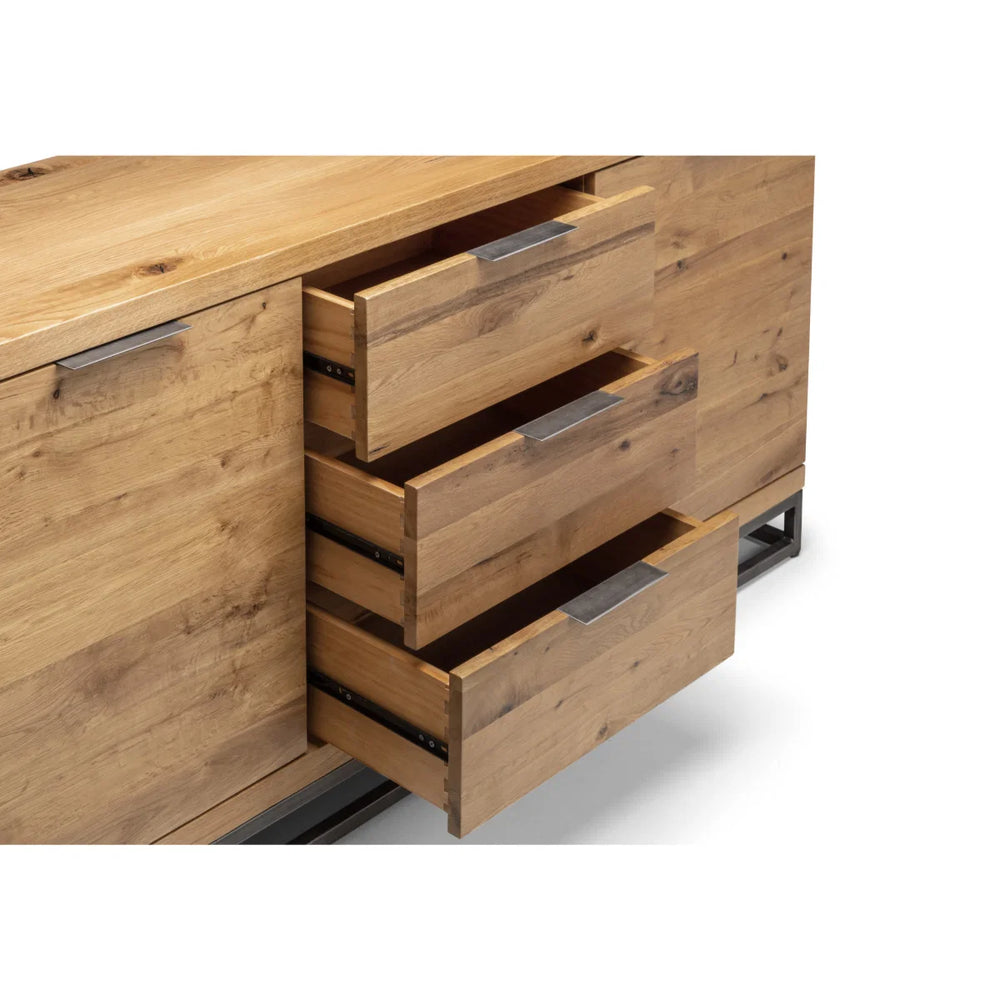 Julian Bowen Brooklyn Solid Oak Sideboard with 2 Cupboards, 3 Drawers & Industrial Metal Legs