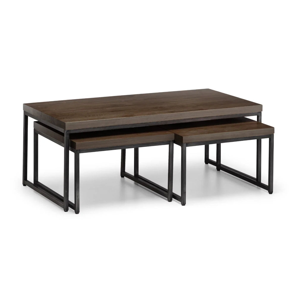 Julian Bowen Brooklyn Solid Oak Nesting Coffee Tables with Industrial Metal Legs – Rustic Dark Oak Space-Saving Living Room Table Set