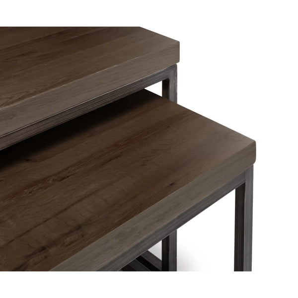 Julian Bowen Brooklyn Solid Oak Nesting Coffee Tables with Industrial Metal Legs – Rustic Dark Oak Space-Saving Living Room Table Set