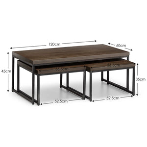 Julian Bowen Brooklyn Solid Oak Nesting Coffee Tables with Industrial Metal Legs – Rustic Dark Oak Space-Saving Living Room Table Set