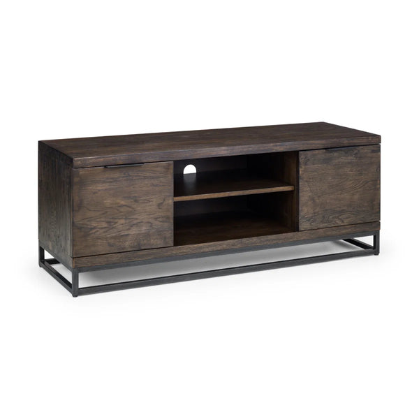 Julian Bowen Brooklyn Solid Oak TV Unit with Industrial Metal Legs, 2 Cupboards & Open Shelf, Rustic Dark Oak Entertainment Stand for TVs up to 55 Inches