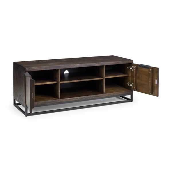 Julian Bowen Brooklyn Solid Oak TV Unit with Industrial Metal Legs, 2 Cupboards & Open Shelf, Rustic Dark Oak Entertainment Stand for TVs up to 55 Inches