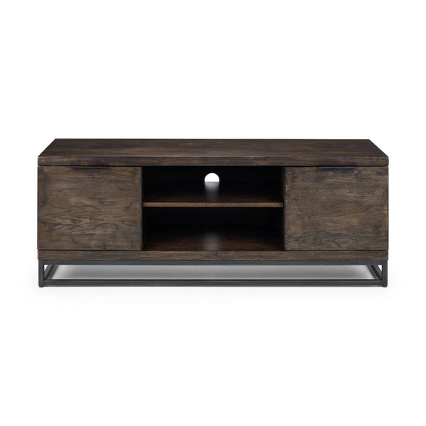 Julian Bowen Brooklyn Solid Oak TV Unit with Industrial Metal Legs, 2 Cupboards & Open Shelf, Rustic Dark Oak Entertainment Stand for TVs up to 55 Inches