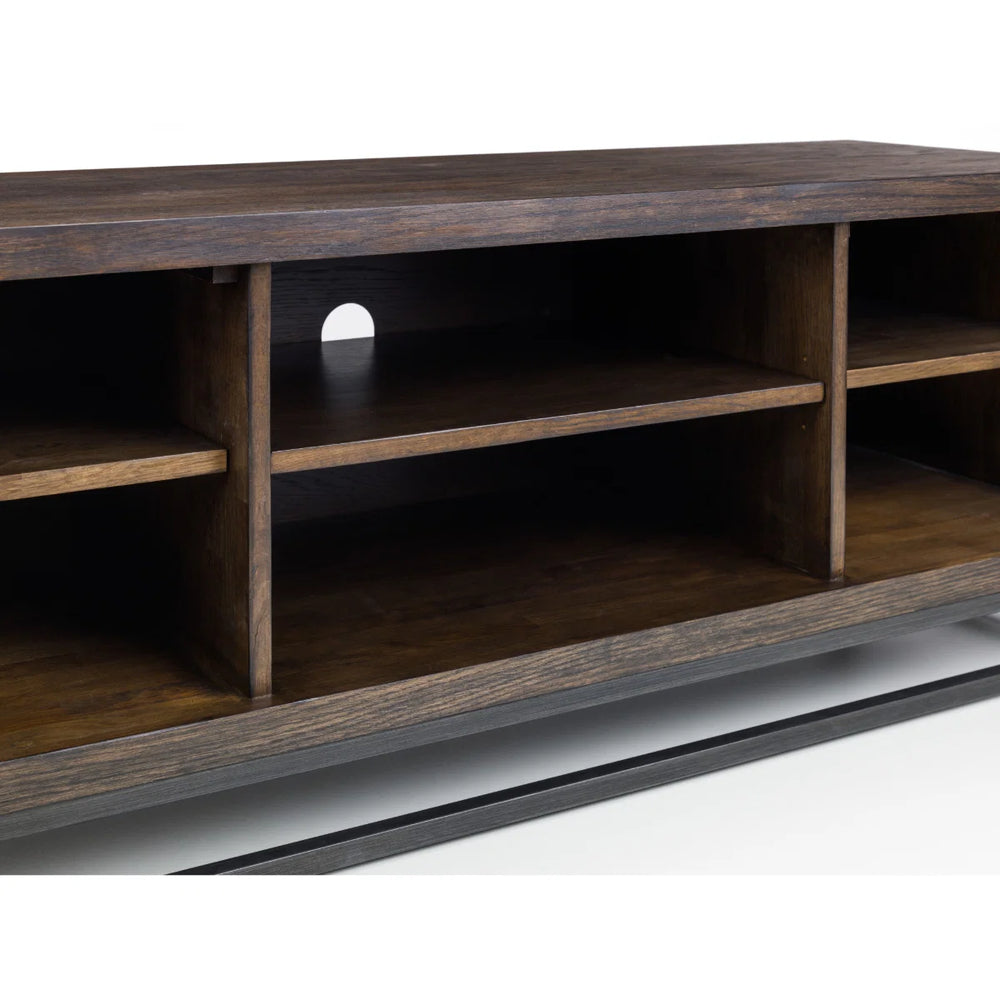 Julian Bowen Brooklyn Solid Oak TV Unit with Industrial Metal Legs, 2 Cupboards & Open Shelf, Rustic Dark Oak Entertainment Stand for TVs up to 55 Inches